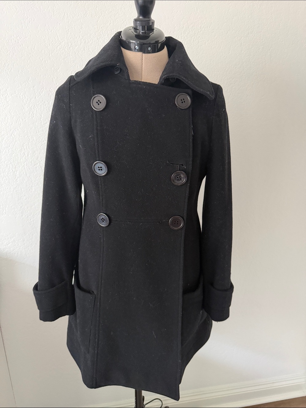Women's Black Double-Breasted Peacoat — Tailored Front Pockets